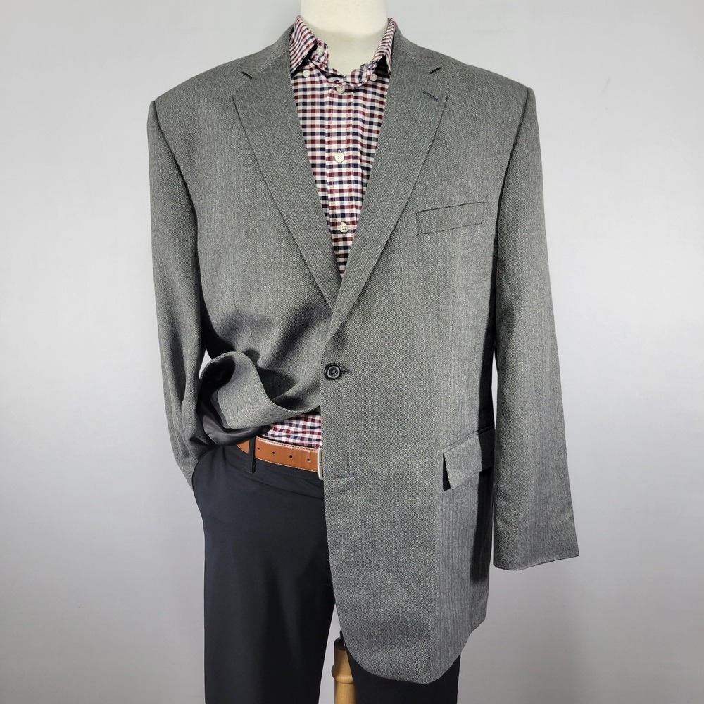 Joseph Feiss Men's Sport Coat Blazer Two Button Gray Herringbone Poly Blend 46L